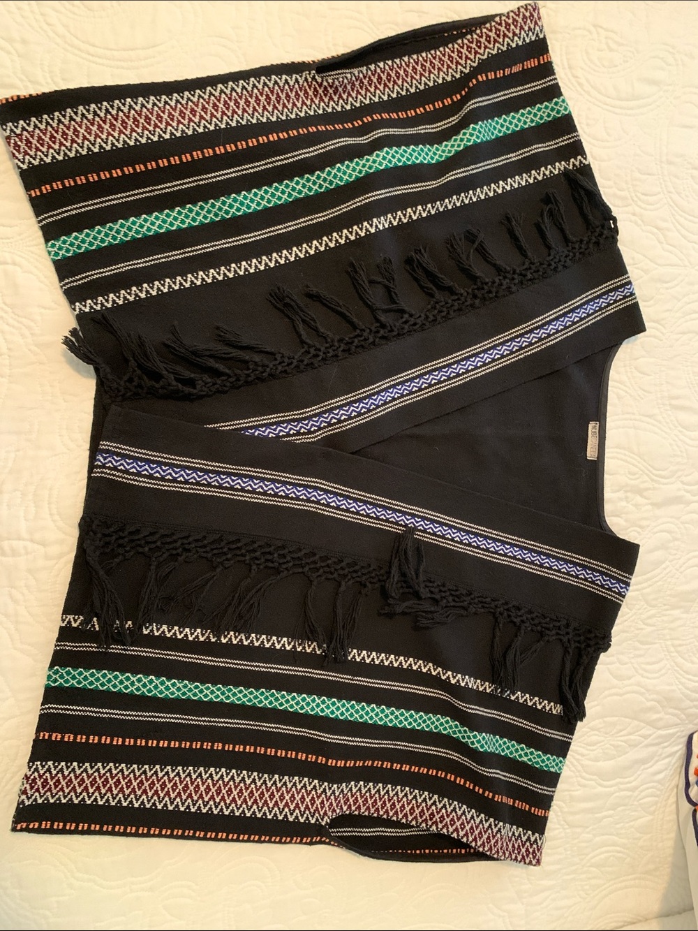 Black Fringe Tribal Stripe Poncho Jacket